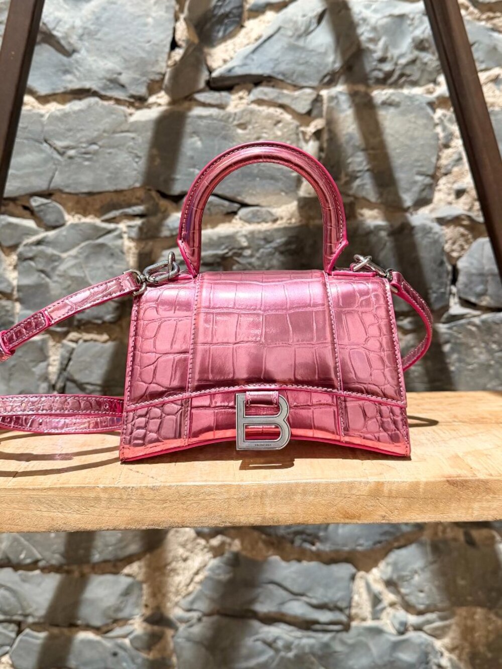 Balenciaga Metallic Pink Croc Embossed Hourglass XS Hangbag w/ Strap